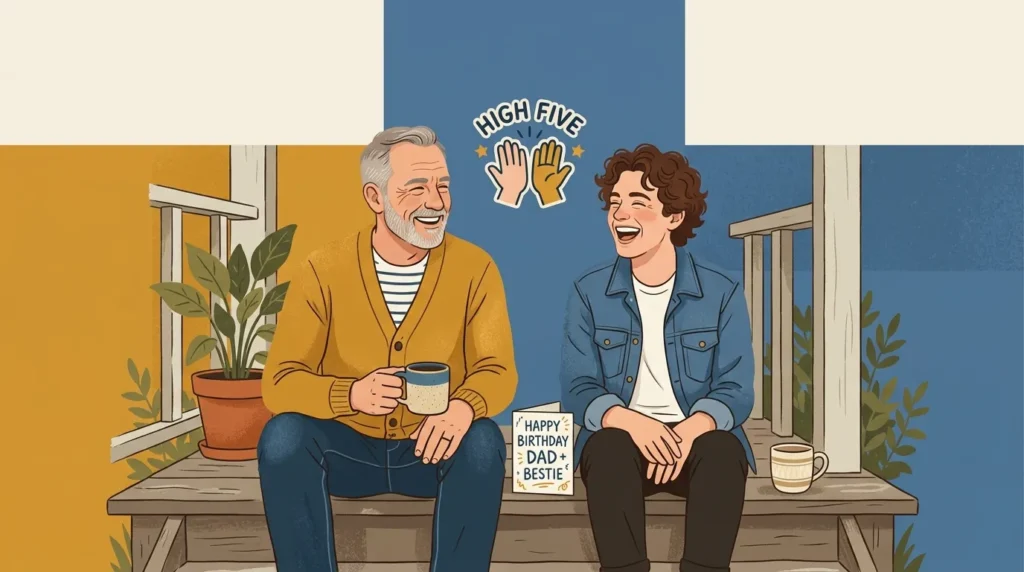 Father and son laughing together, birthday card messages for best-friend dad.