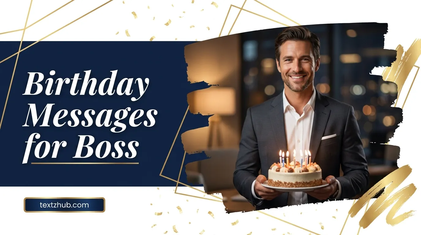 Professional boss smiling beside birthday cake with stylish birthday messages for boss typography overlay.