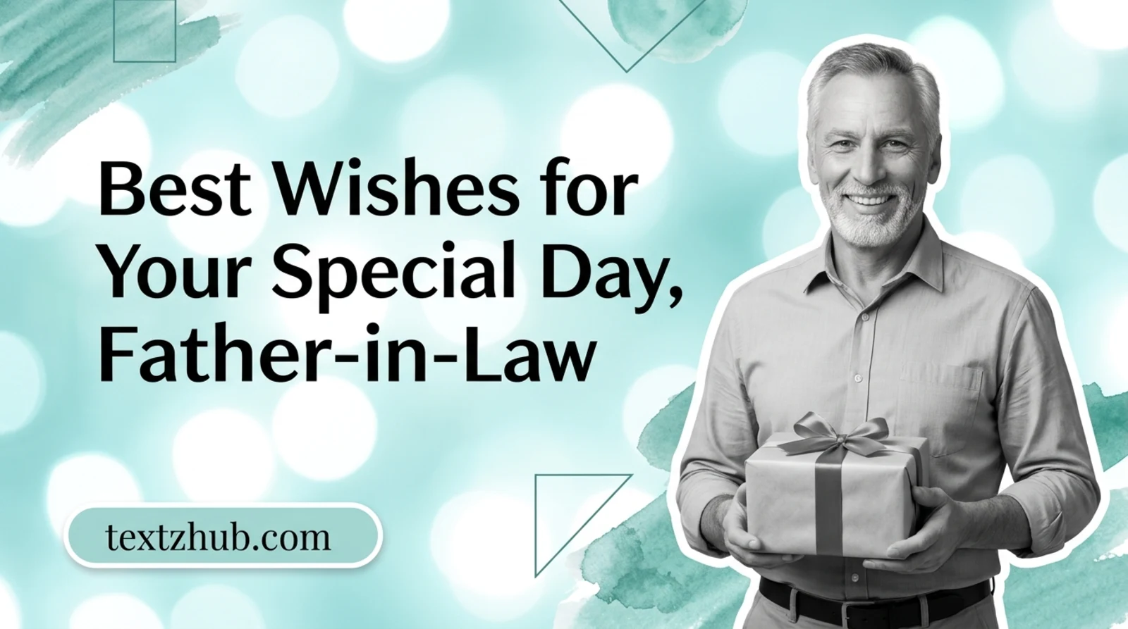 Festive birthday messages for father-in-law design with joyful man toasting and sage green bokeh background.