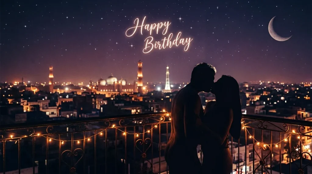 Couple silhouetted under city lights for nighttime girlfriend birthday message design