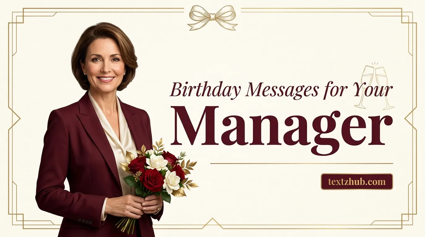 Birthday messages for your manager portrayed with elegant professional woman and luxurious burgundy gold design.