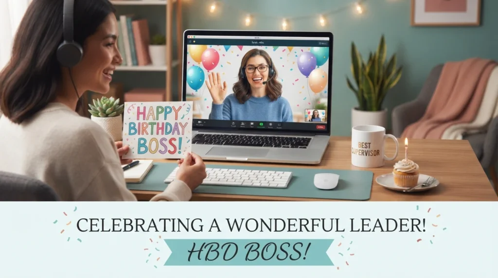 Remote employee holding birthday sign during video call with supervisor.
