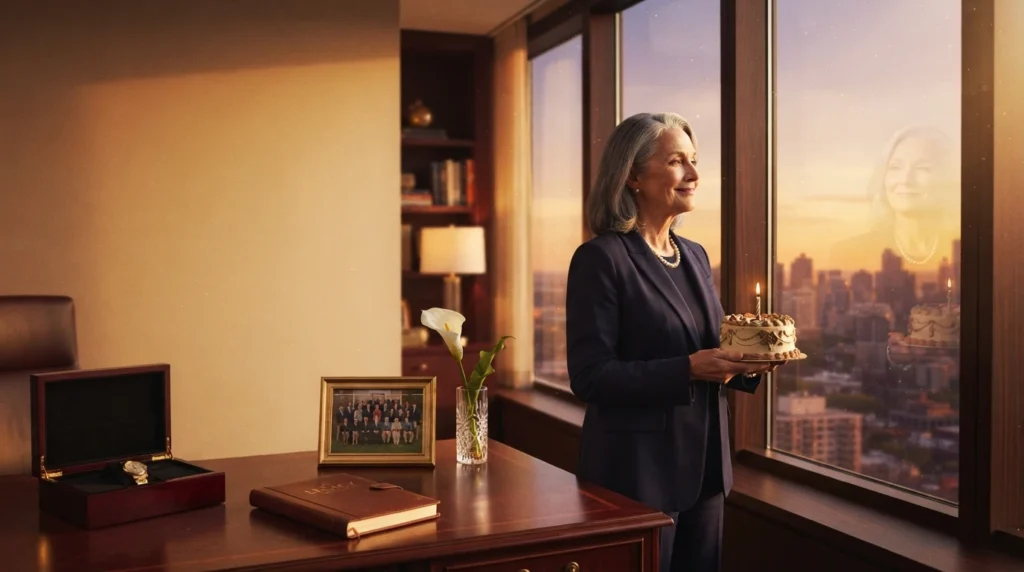 Retiring supervisor holding birthday candle by sunset office window farewell.
