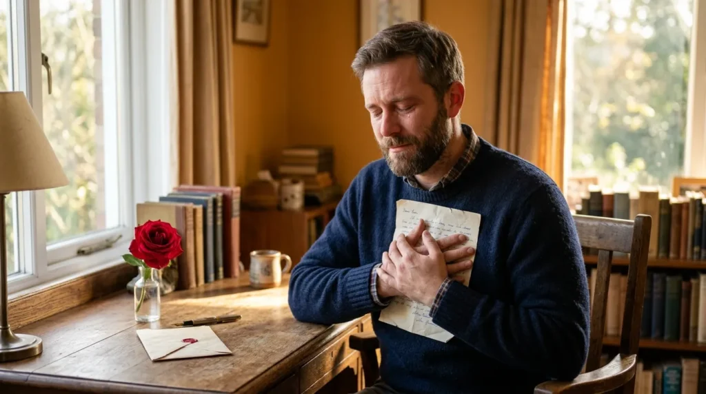 A husband holding a heartfelt letter capturing birthday wishes for wife from the heart.
