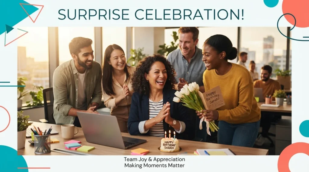 Team celebrating birthday wishes for supervisor at modern work desk
