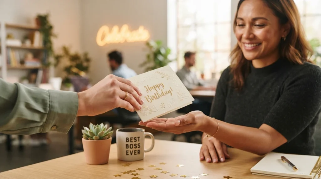 Employee giving birthday wishes to my supervisor with heartfelt card exchange.
