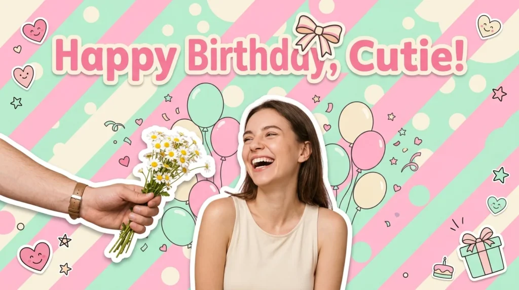 Laughing girlfriend receiving flowers in cute birthday message greeting graphic