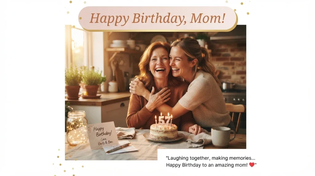 Daughter-in-law hugging smiling mother-in-law during warm birthday celebration moment