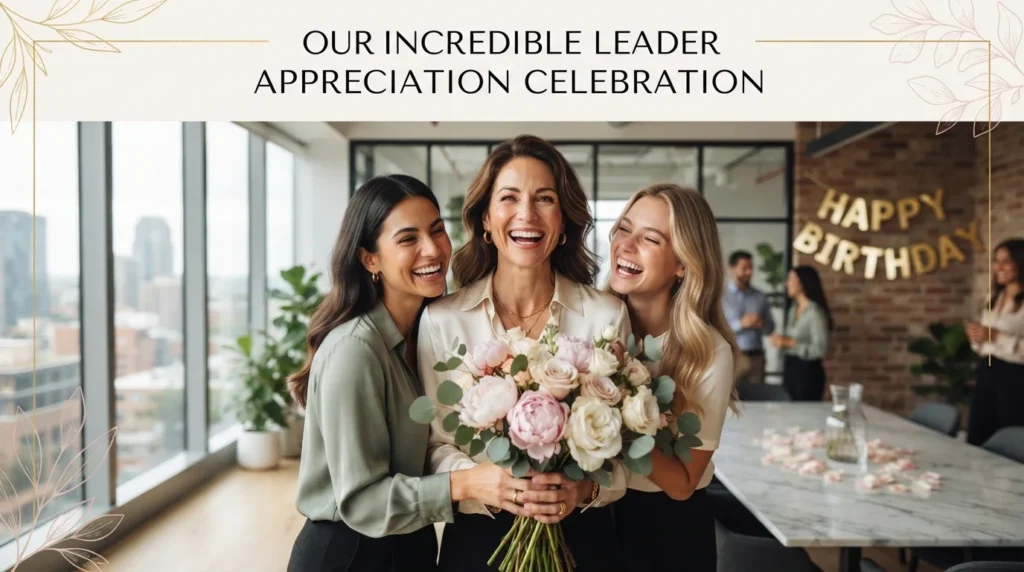 Team giving flowers and heartfelt birthday wishes for female supervisor celebration.
