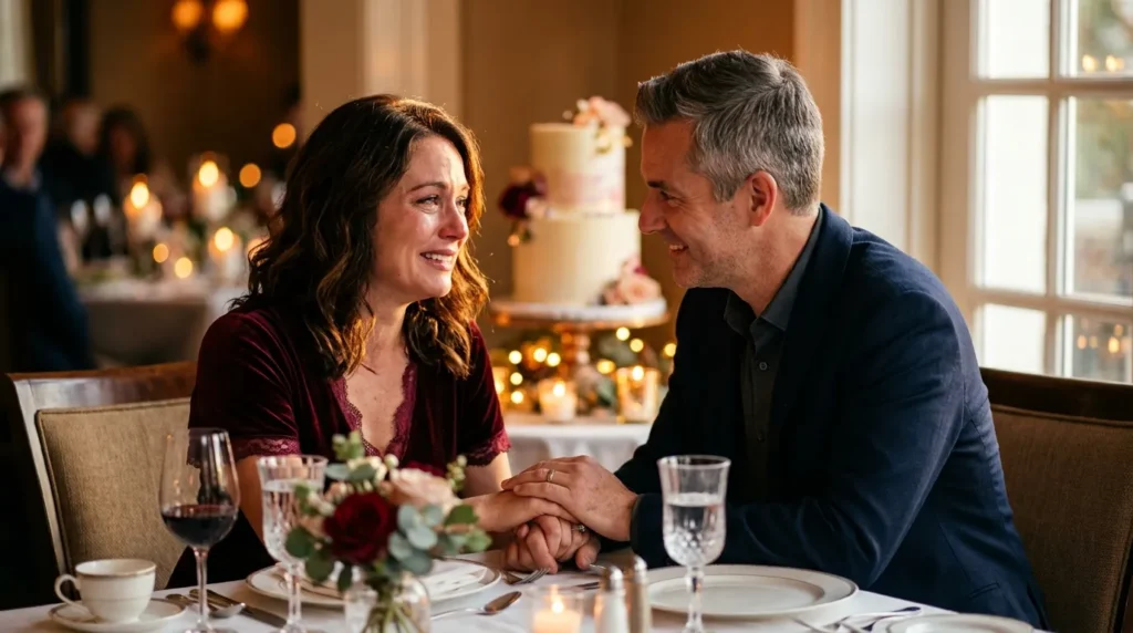 A couple sharing a tender milestone birthday messages for wife celebration at a candlelit table.
