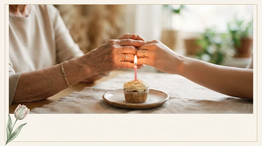 Hands holding candle cupcake for simple mother-in-law birthday wish moment