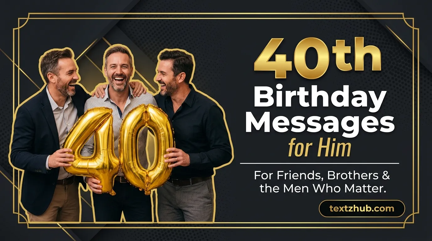 Three men laughing together with gold balloons beside 40th birthday messages for him collection.