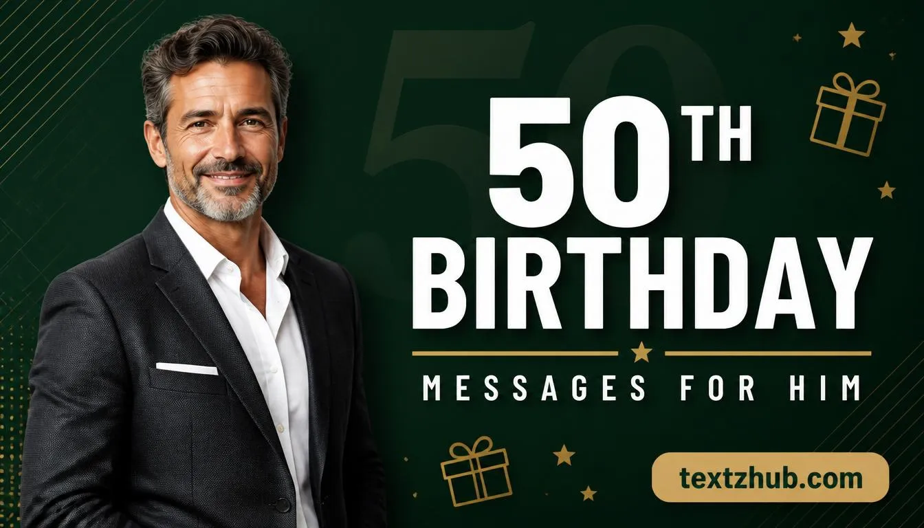Confident man in his fifties featured beside bold 50th birthday messages for him header.