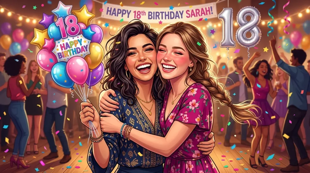 Two best friends laugh and embrace, exchanging heartfelt 18th Birthday Messages for Your Best Friend