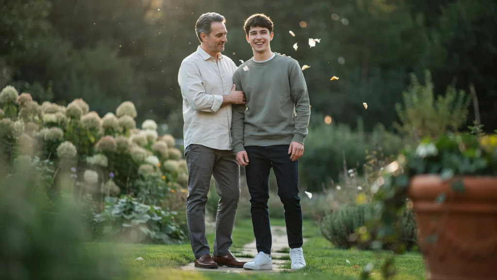 A proud parent embraces their son while sharing warm 18th Birthday Messages for Your Son