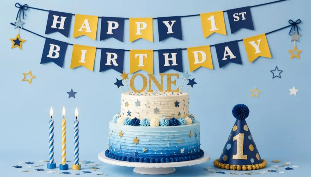Birthday cake with gold topper and banner showcasing 1st birthday banner and cake topper messages for baby boy.
