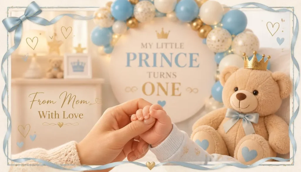 Mother holding baby boy's hand beside balloons for heartfelt 1st birthday messages for baby boy from mom.