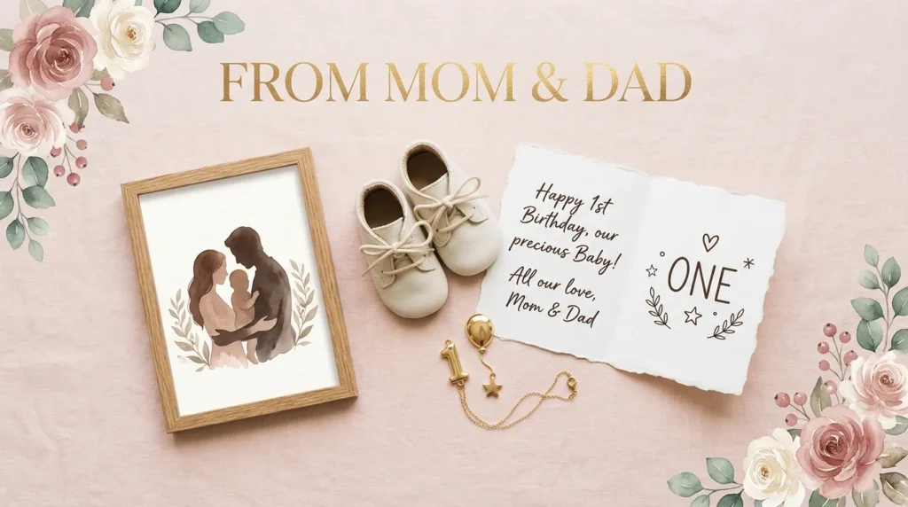 Heartfelt 1st birthday messages for baby girl from mom and dad with pink floral card design