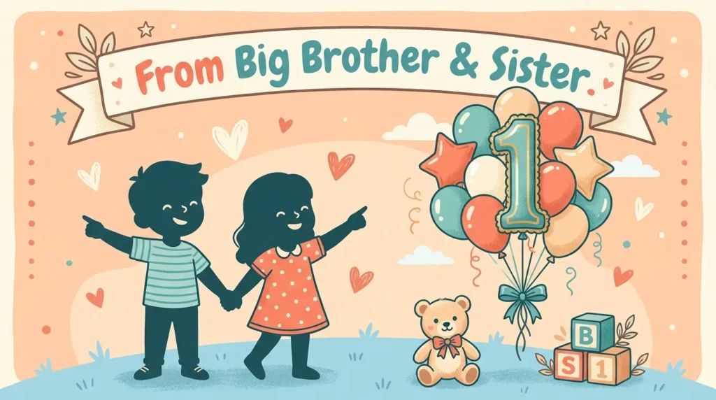 1st birthday messages for baby girl from siblings shown with big brother and sister illustration.