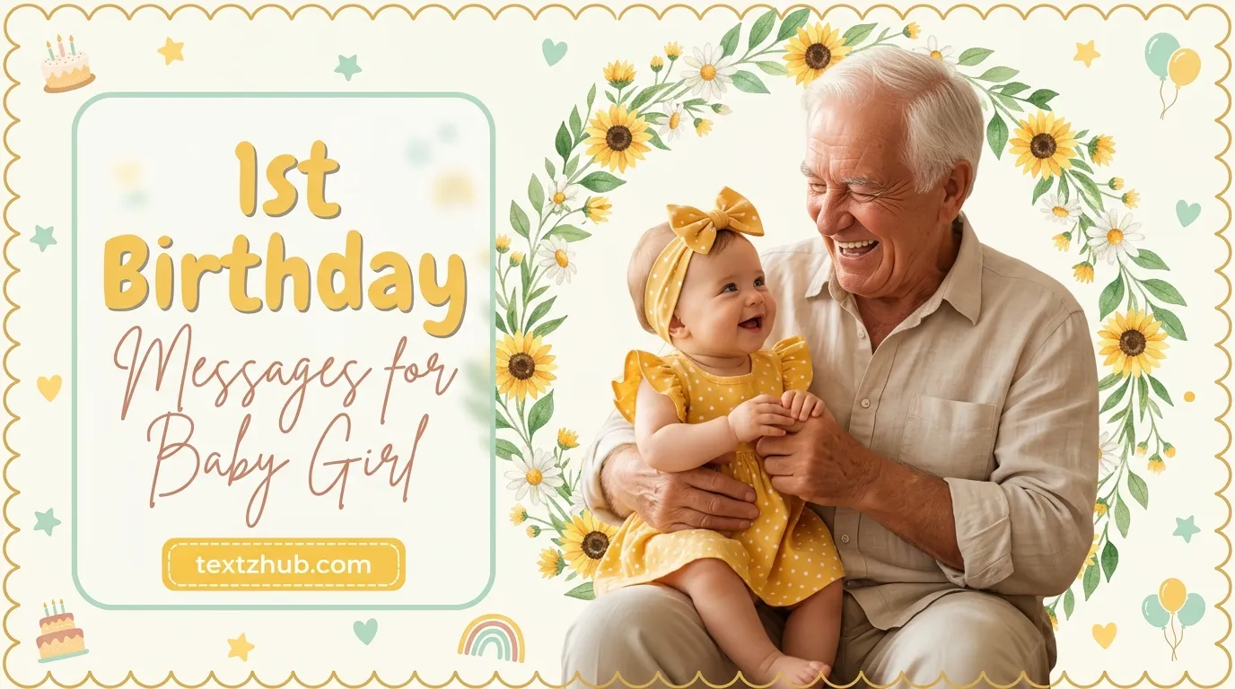 Loving grandfather joyfully holding baby granddaughter with 1st birthday messages for baby girl.