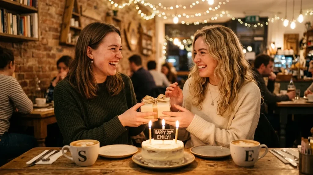 Two joyful friends share 20th Birthday Messages for Your Best Friend in a warm, cozy caf&eacute;.