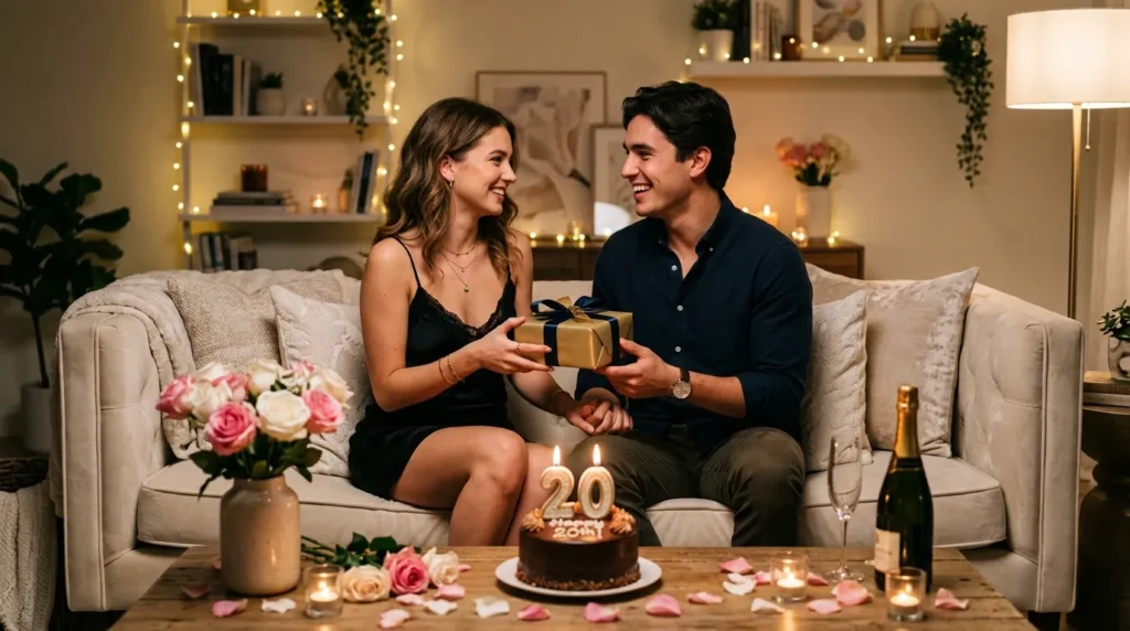 Loving couple exchanging 20th Birthday Messages for Your Boyfriend with gift and soft golden light.