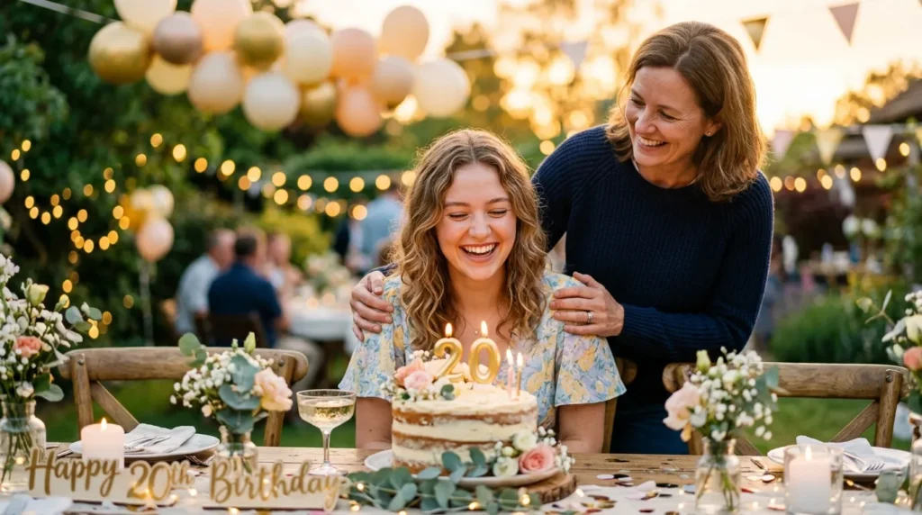 Smiling mother celebrates 20th Birthday Messages for Your Daughter with cake and warm golden lighting.