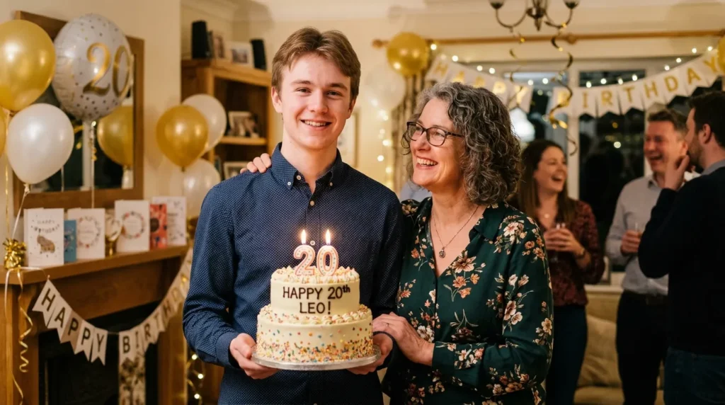 Happy aunt celebrates 20th Birthday Messages for Your Nephew with cake in warm family setting.