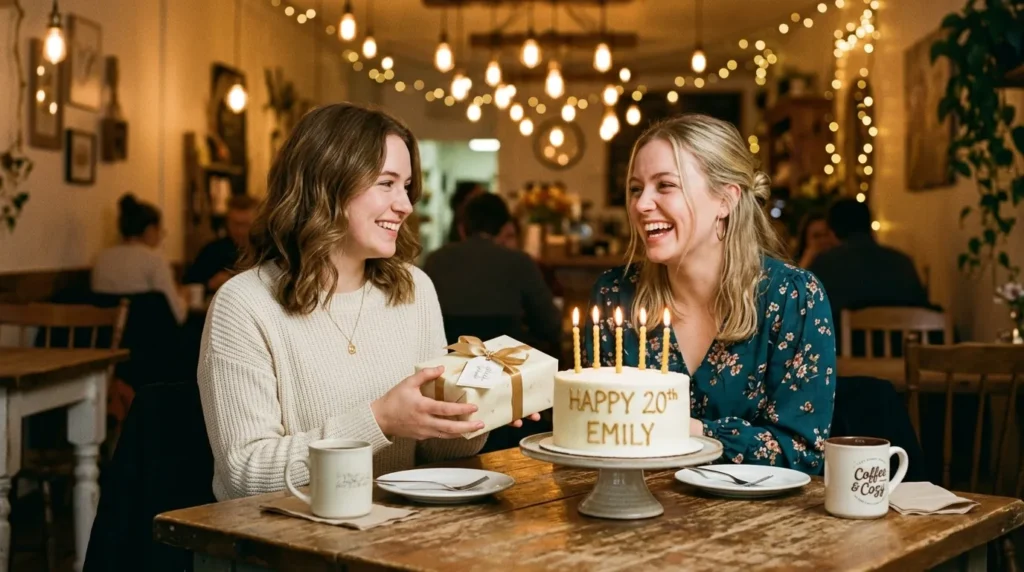 Happy sisters sharing 20th Birthday Messages for Your Sister with cake, gift, and warm lighting.