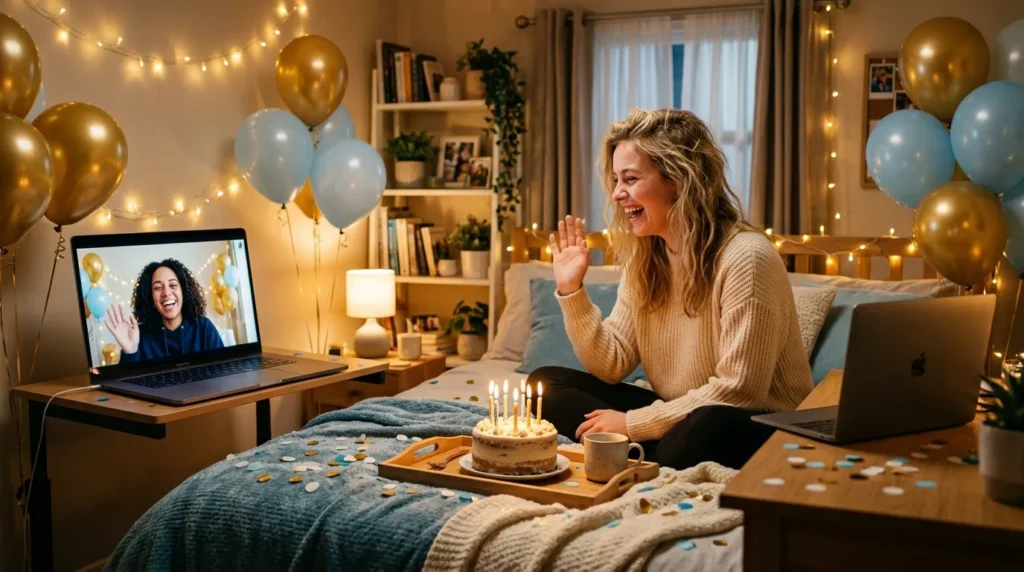 Friends waving joyfully on a glowing video call, illustrating 21st birthday messages for a long-distance friend.