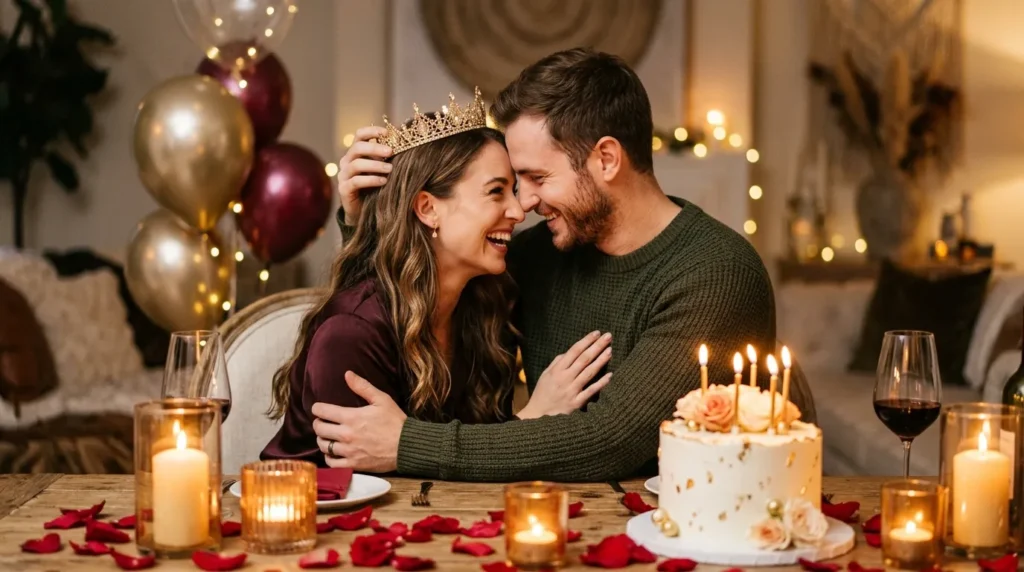 Deeply in-love couple celebrating a romantic birthday with candlelight, crown, roses, and warm smiles.