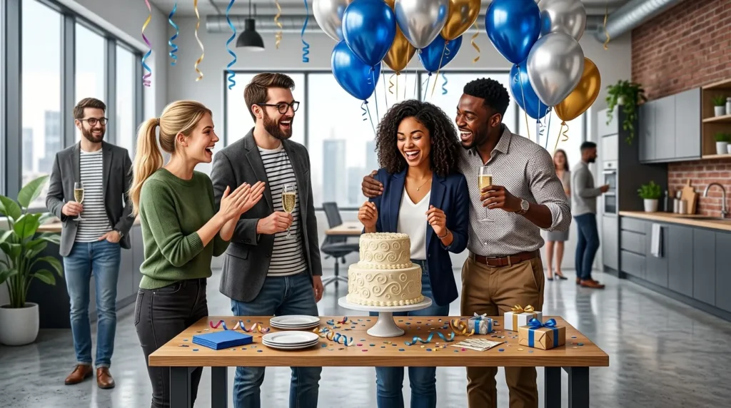 Office colleagues cheering together around a decorated birthday cake, capturing 21st birthday messages for your coworker.