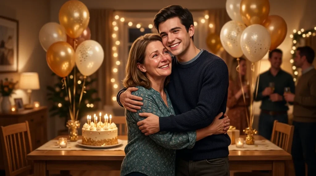 A proud parent embraces their smiling son warmly amid balloons, depicting 21st birthday messages for your son.