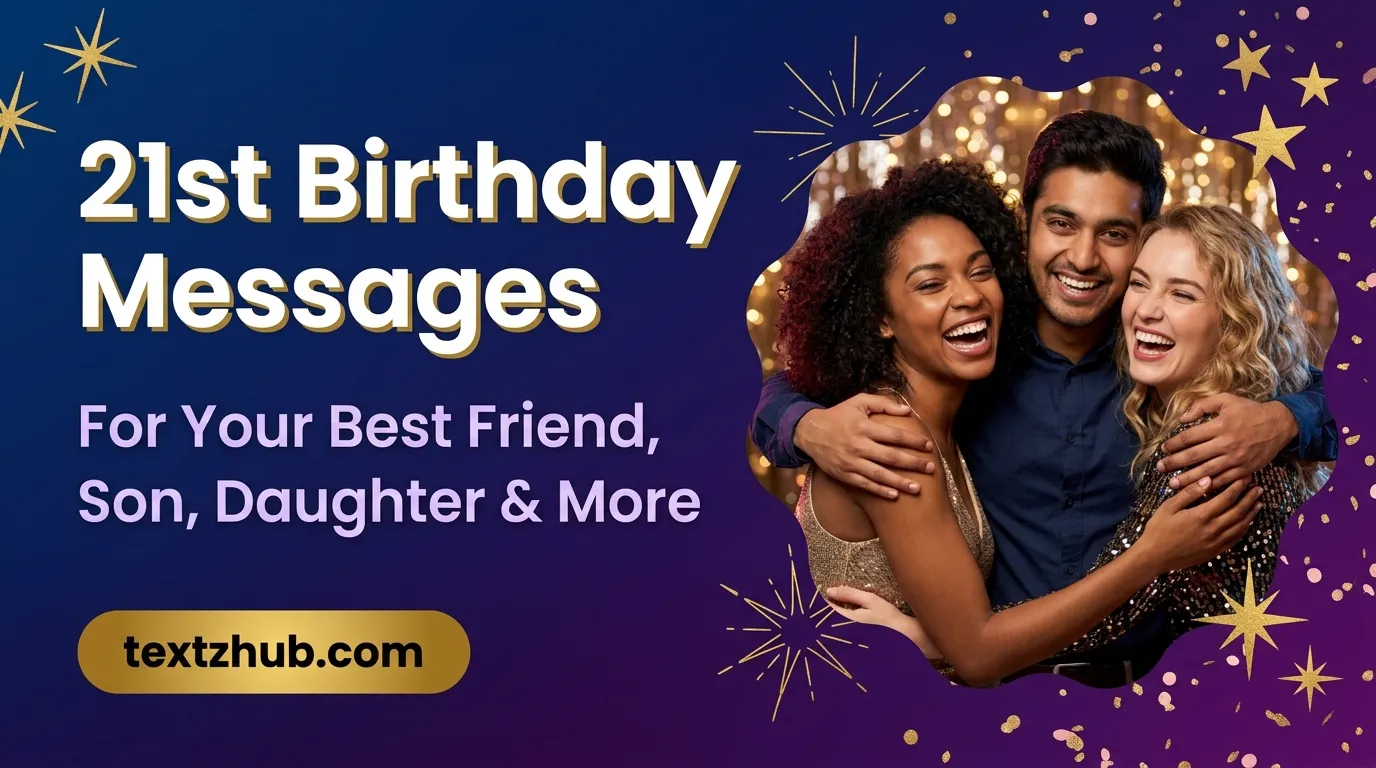 Happy group of friends celebrating together alongside vibrant 21st birthday messages graphic design.