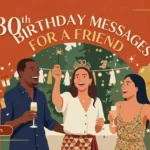Three friends laughing outdoors with sparklers alongside 30th birthday messages for a friend.