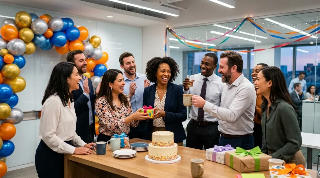 Smiling colleagues gather joyfully for Happy 40th Birthday Messages for a Coworker or Colleague.