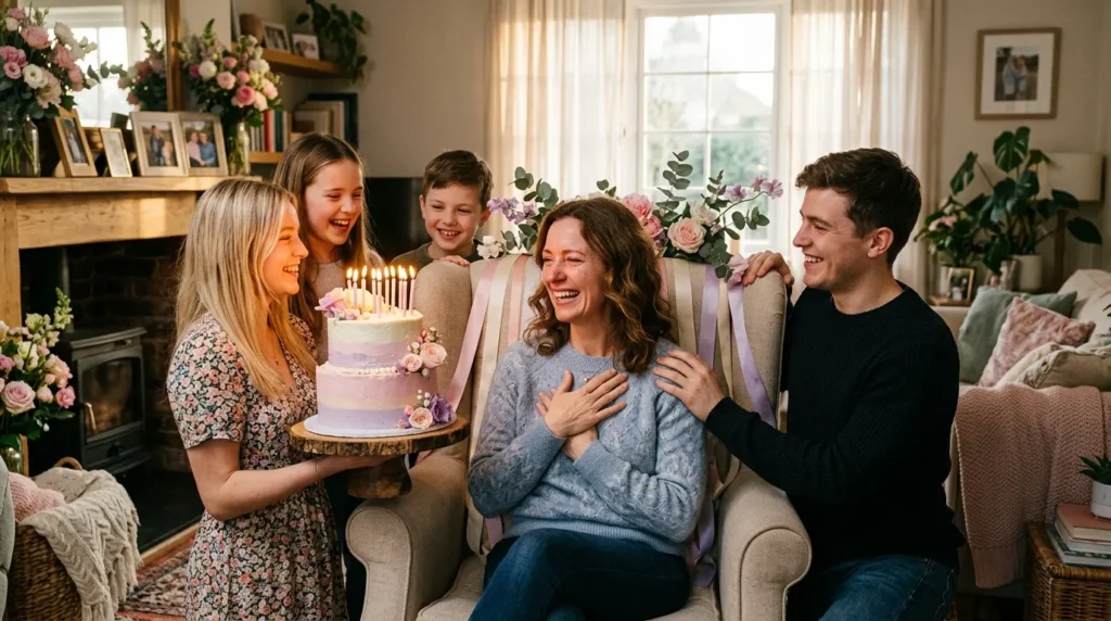 Adult children lovingly celebrating a milestone with Happy 40th Birthday Messages for Your Mom.
