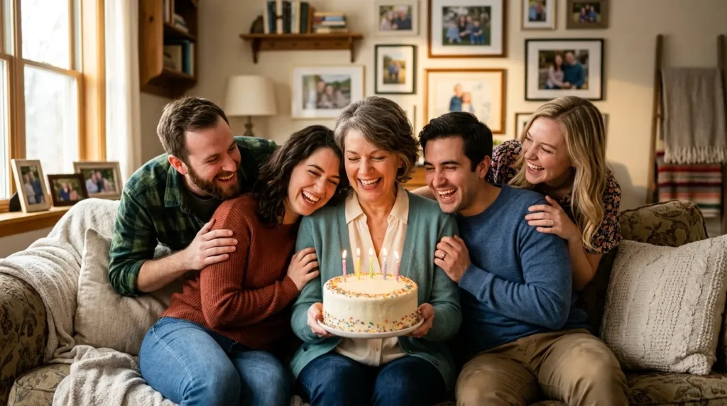 Warm family gathering reflecting love and gratitude in 50th Birthday Messages for Mom scene.