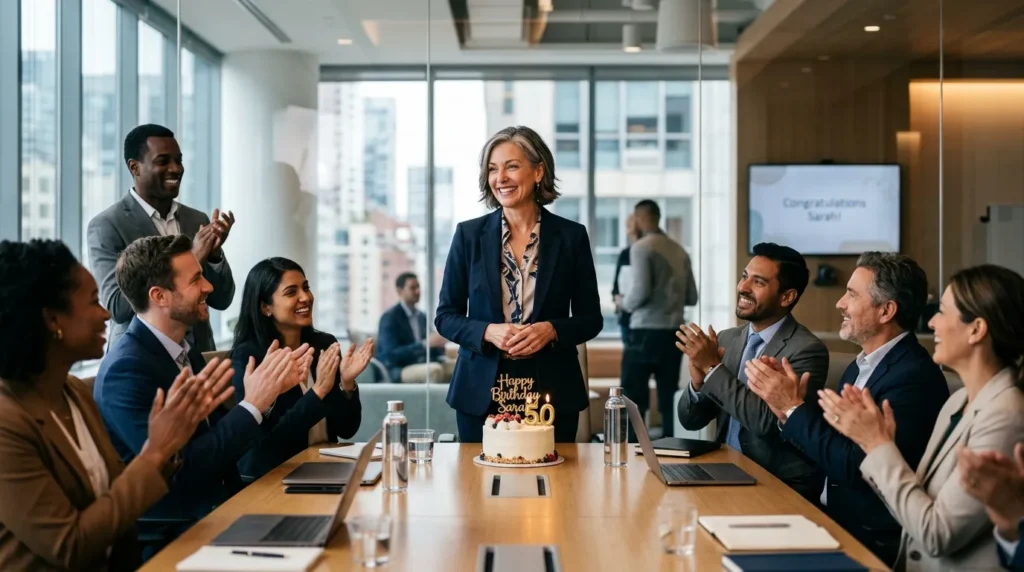 Professional office celebration honoring milestone in 50th Birthday Messages for Your Boss context.