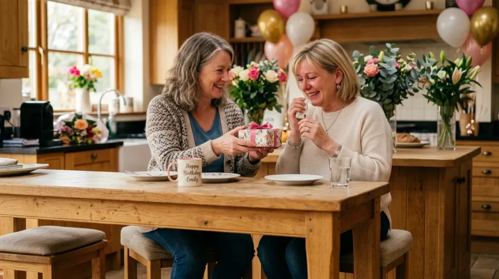Emotional sister moment at sunlit kitchen celebrating 50th Birthday Messages for Your Sister.