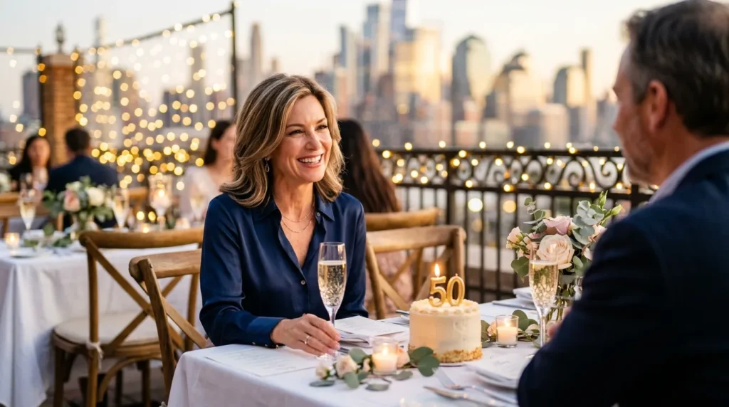 Elegant rooftop celebration scene for 50th Birthday Messages for Your Wife with warm golden lighting.
