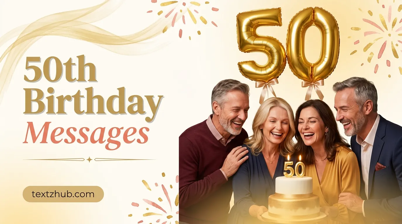 Happy group of friends in their 50s joyfully celebrating with heartfelt 50th birthday messages design.