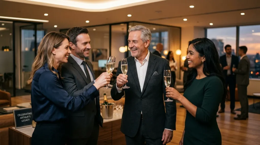 Office colleagues toasting champagne together sharing 60th birthday messages for a coworker or boss
