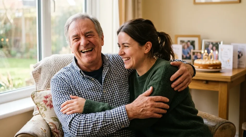 Daughter embracing his father during golden hour sharing 60th birthday messages for dad.