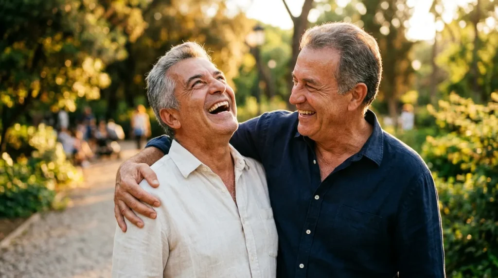 Two brothers laughing in golden sunlight exchanging heartfelt 60th birthday messages for your brother