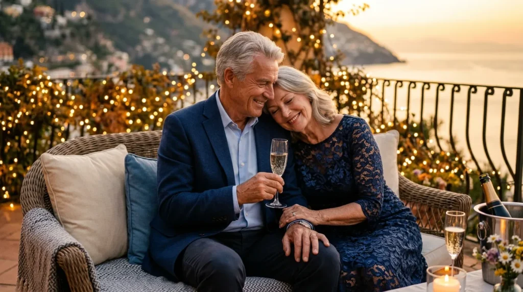 Loving couple embracing at sunset while sharing 60th birthday messages for your husband.