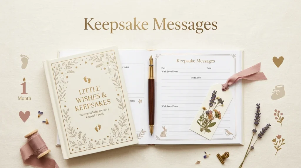 Keepsake 1st birthday messages for baby girl to write in baby book with vintage journal design