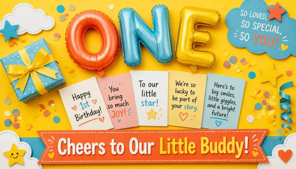Colorful balloons and cards representing joyful family and friends' 1st birthday messages for baby boy.