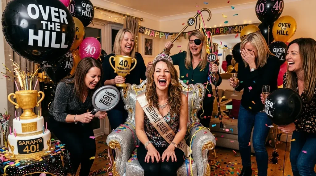 Woman laughing with hilarious party props perfectly inspired by Funny 40th Birthday Messages for Her.