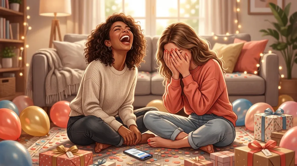 Two best friends laughing with birthday balloons capturing funny birthday messages for your best friend